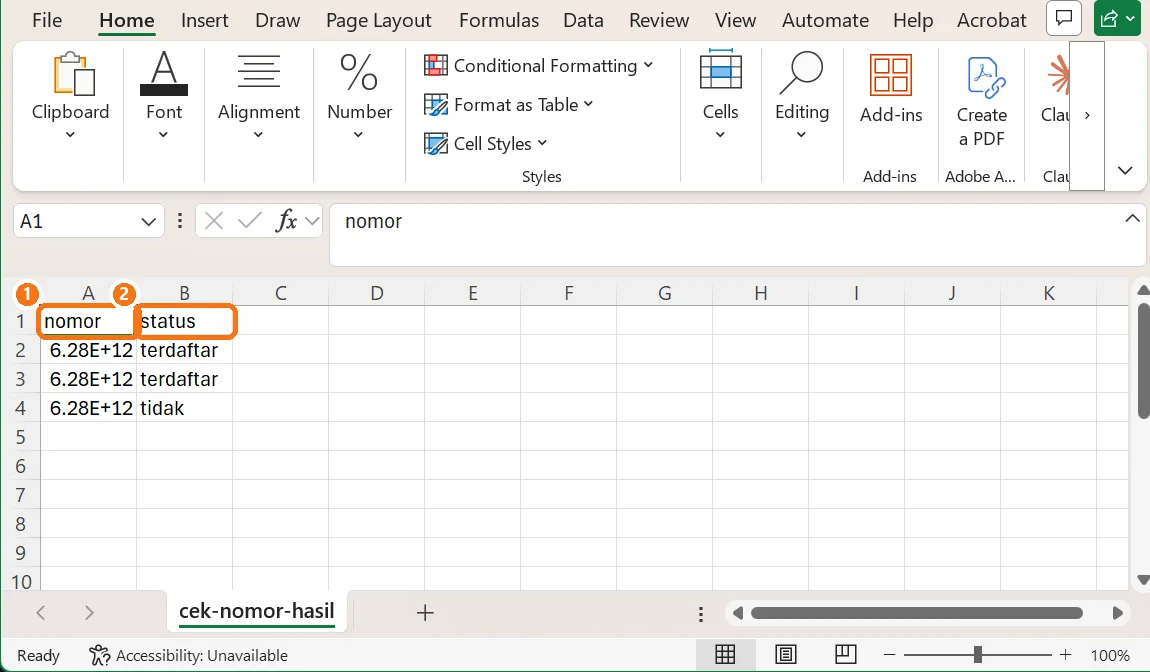 File hasil cek nomor dibuka di spreadsheet dengan kolom nomor dan status