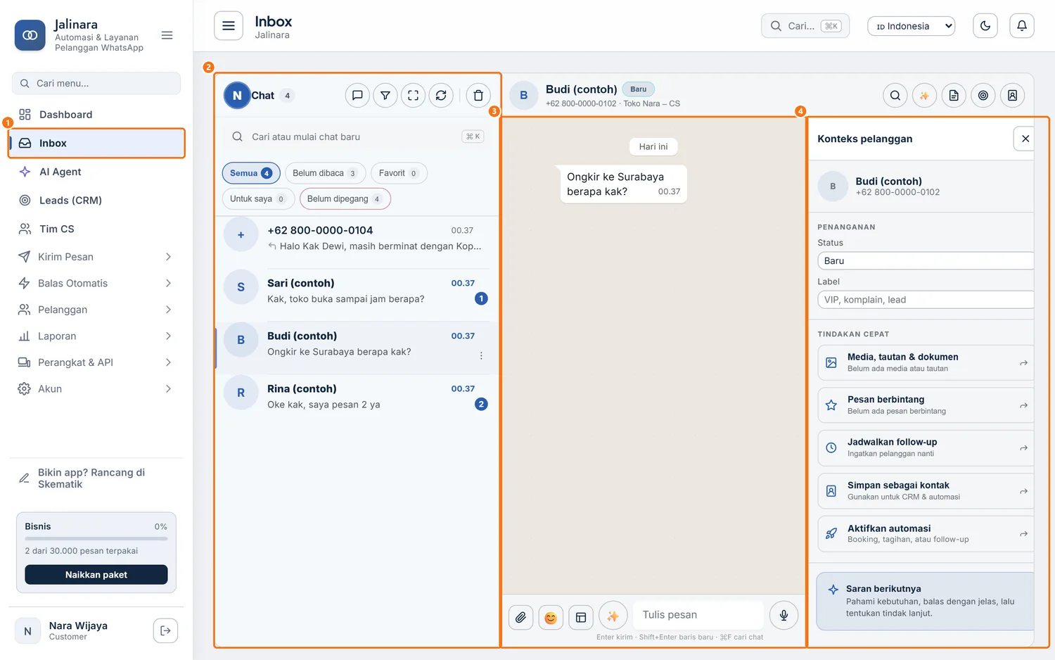 Halaman Inbox dengan daftar Chat di kiri, percakapan terbuka di tengah, dan panel Konteks pelanggan di kanan