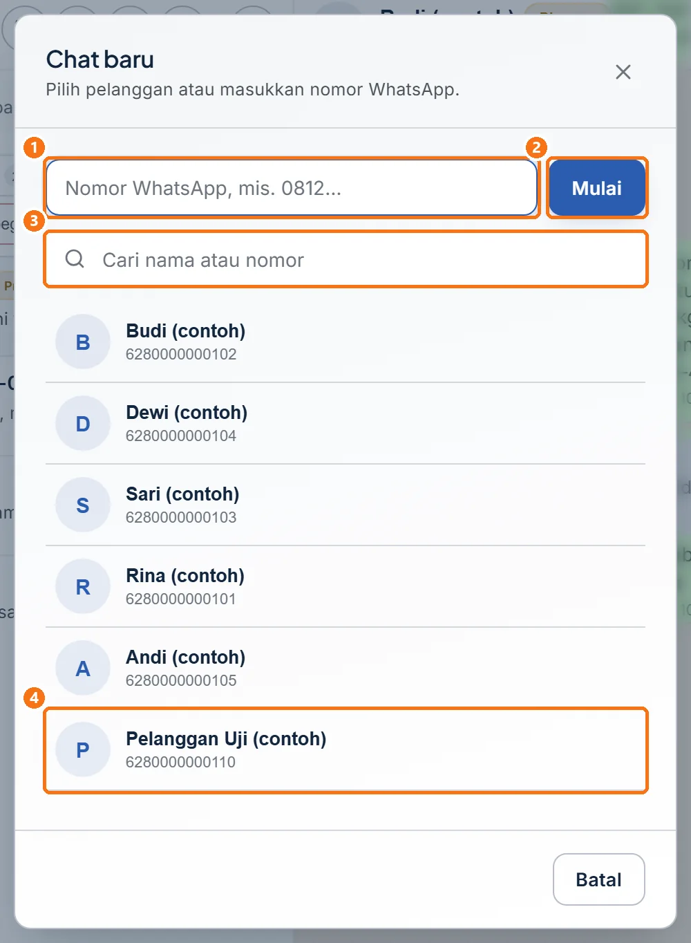 Jendela Chat baru berisi kolom nomor, tombol Mulai, kolom pencarian, dan daftar kontak