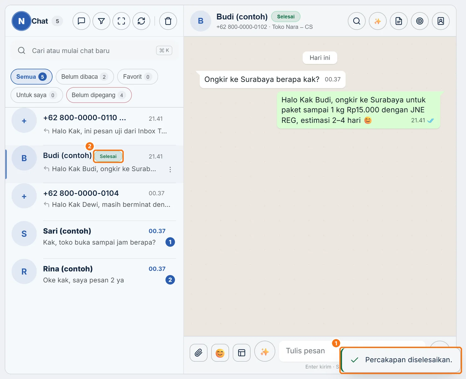 Baris chat bertanda Selesai setelah chat ditandai selesai