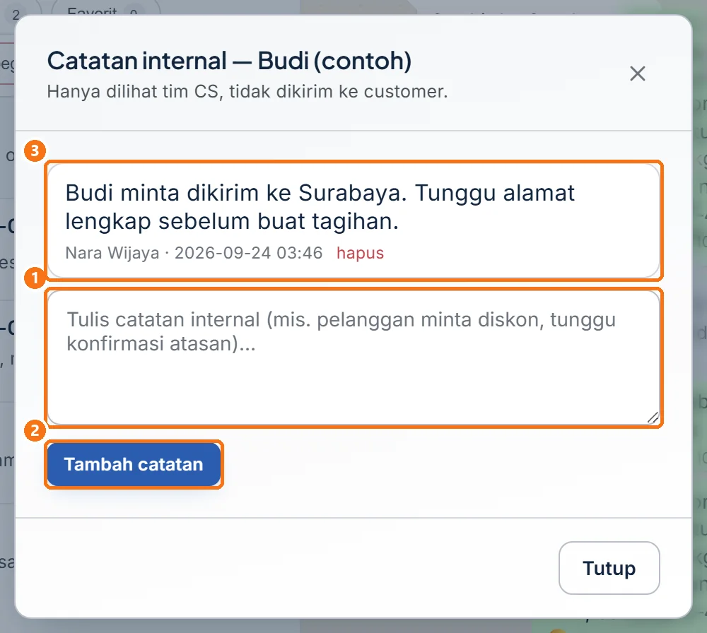 Jendela Catatan internal berisi kolom catatan dan tombol Tambah catatan