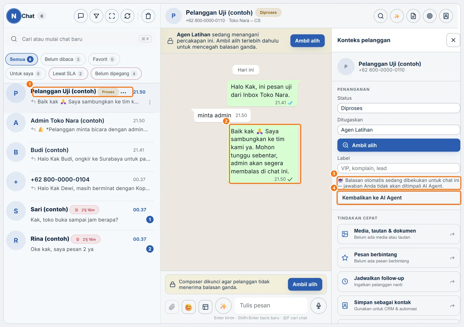 Chat pelanggan yang AI Agent-nya diam setelah mengetik minta admin, dengan pesan pamit dan panel PENANGANAN