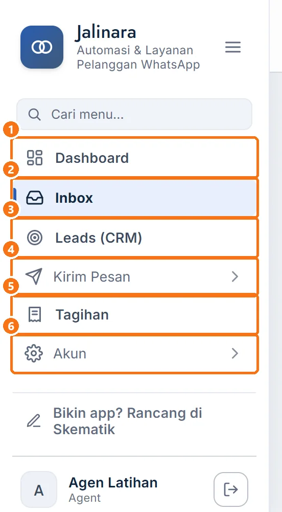 Sidebar dilihat dari akun agen: Dashboard, Inbox, Leads (CRM), Kirim Pesan, Tagihan, dan Akun