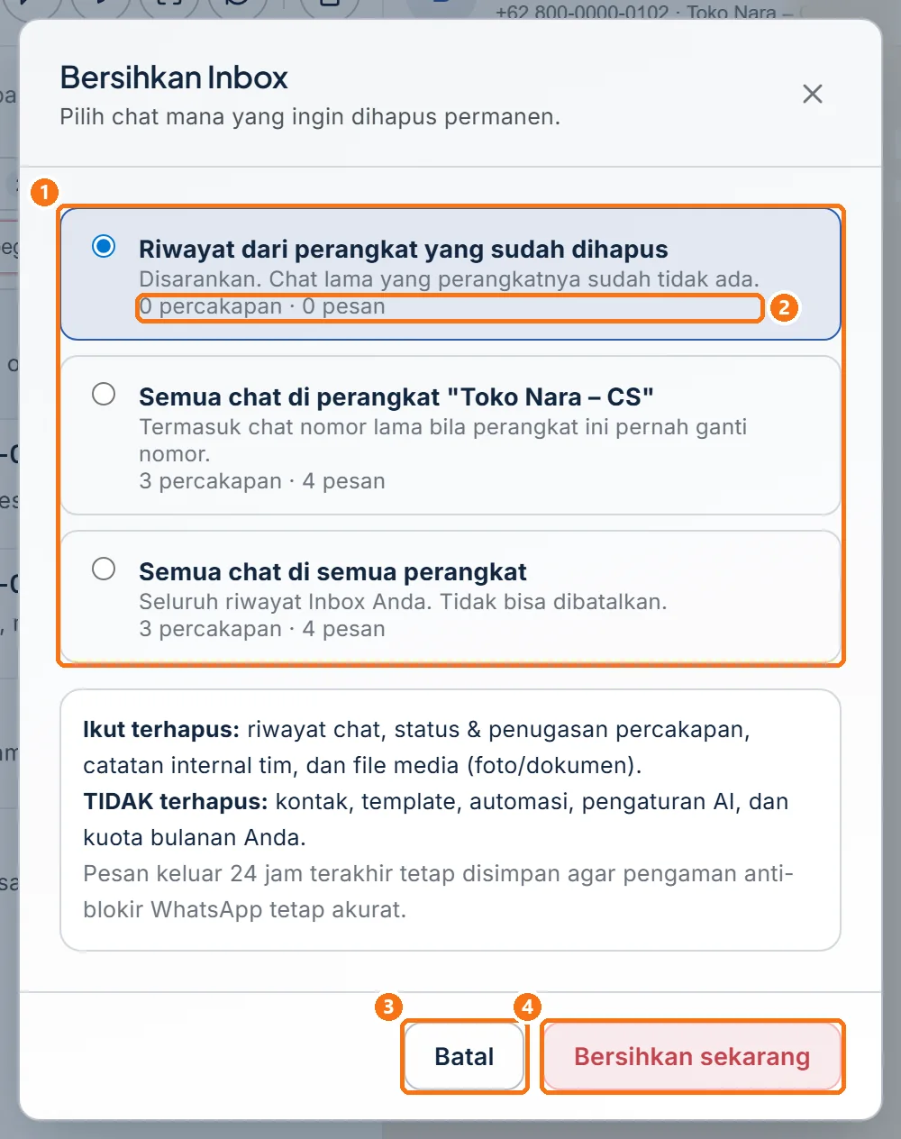 Dialog Bersihkan Inbox dengan pilihan cakupan dan jumlah data