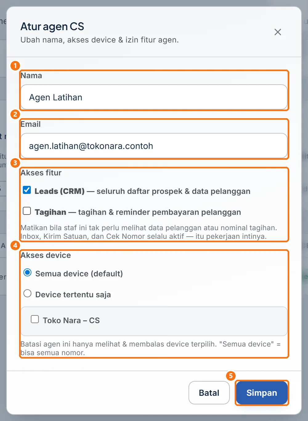 Jendela Atur agen CS berisi nama, email, akses fitur, akses device, dan tombol Simpan