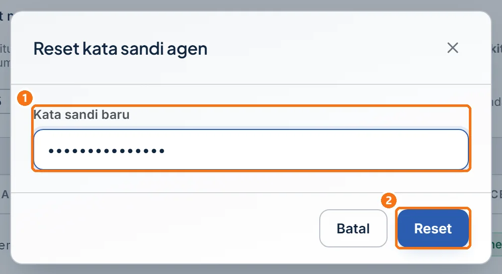Jendela Reset kata sandi agen dengan kolom Kata sandi baru dan tombol Reset