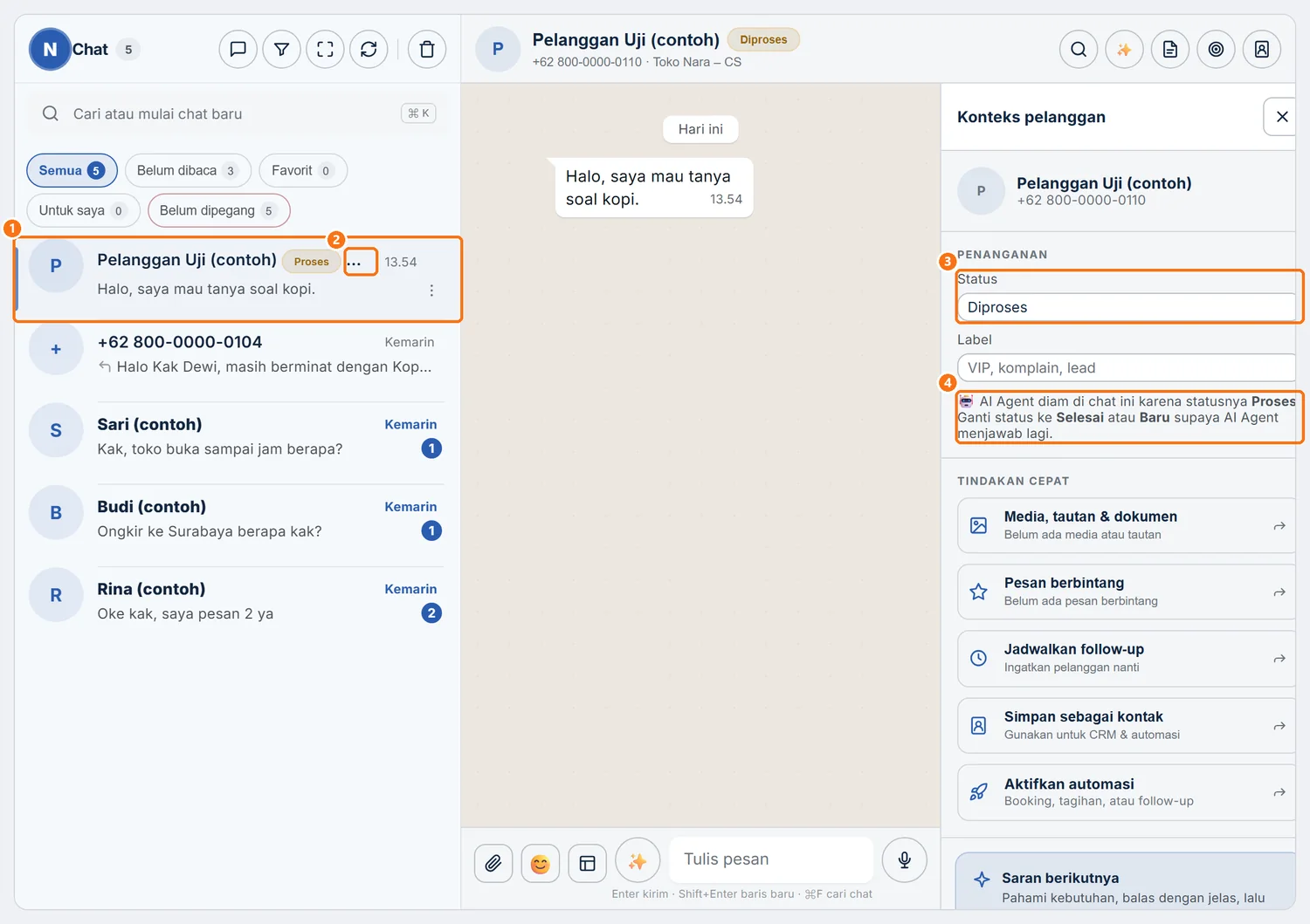 Chat berstatus Diproses yang AI Agent-nya diam, dengan catatan tanpa tombol di panel PENANGANAN