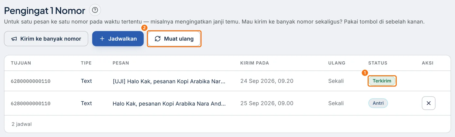 Tabel jadwal dengan baris uji berstatus Terkirim dan tombol Muat ulang