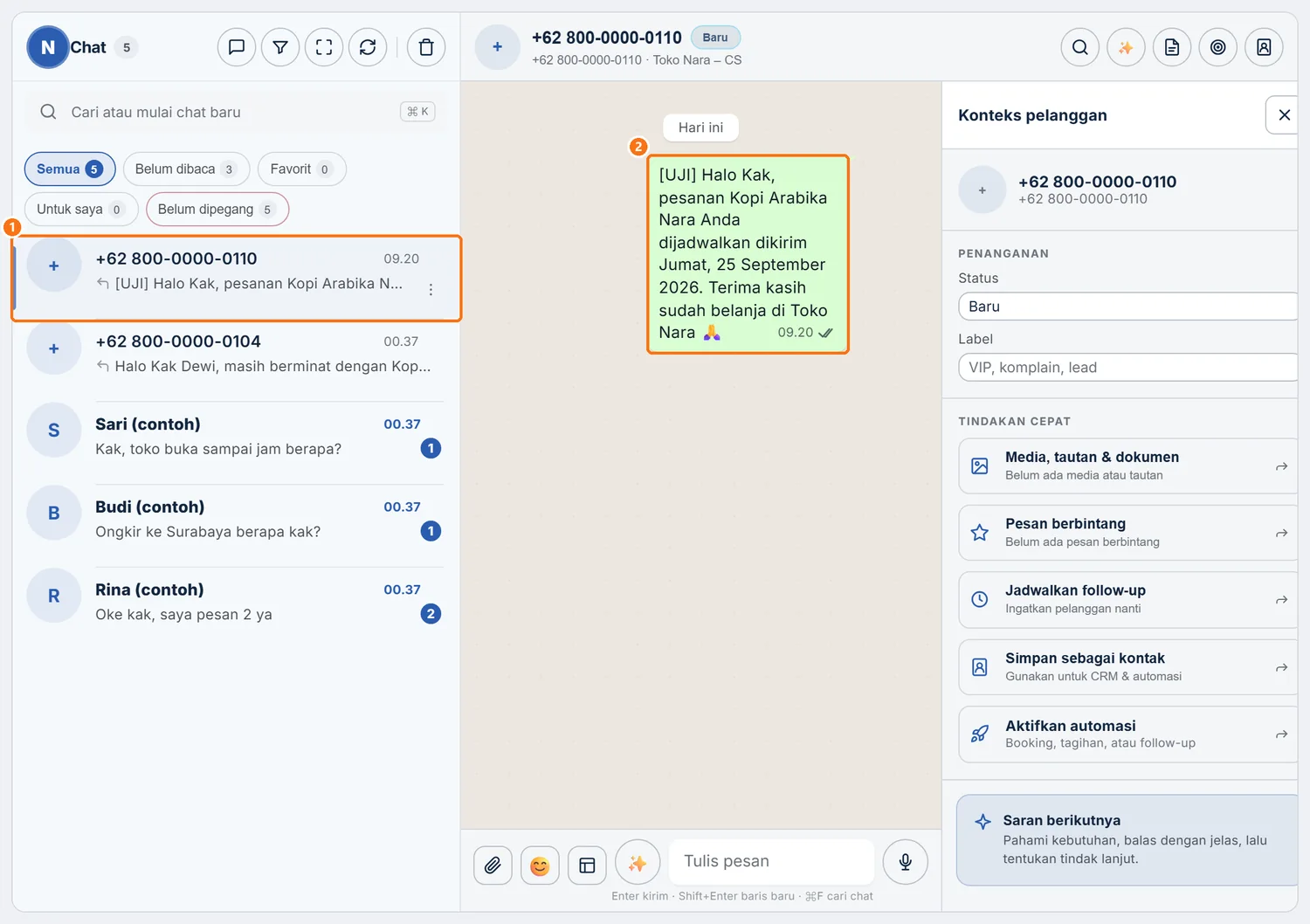 Chat nomor uji di Inbox berisi pesan keluar dari jadwal