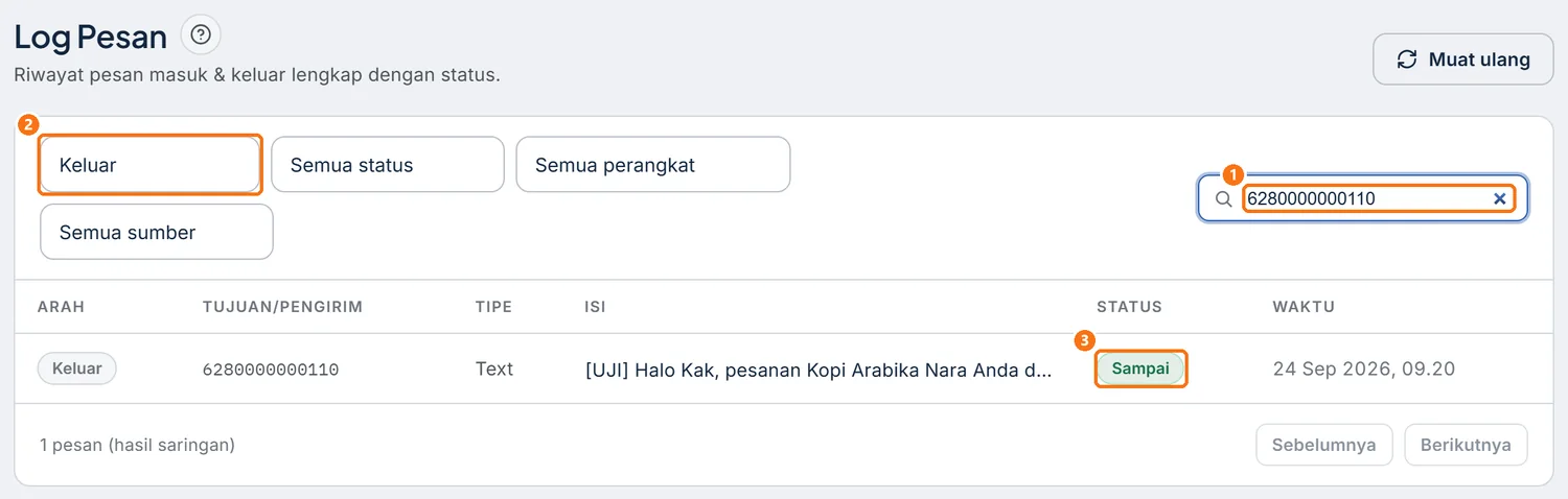 Log Pesan disaring nomor uji, menampilkan pesan keluar dari jadwal berulang