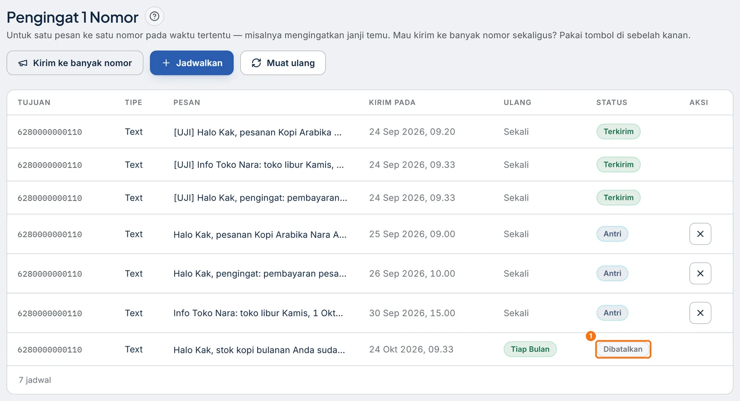 Tabel jadwal dengan status Dibatalkan pada baris yang tadi dibatalkan