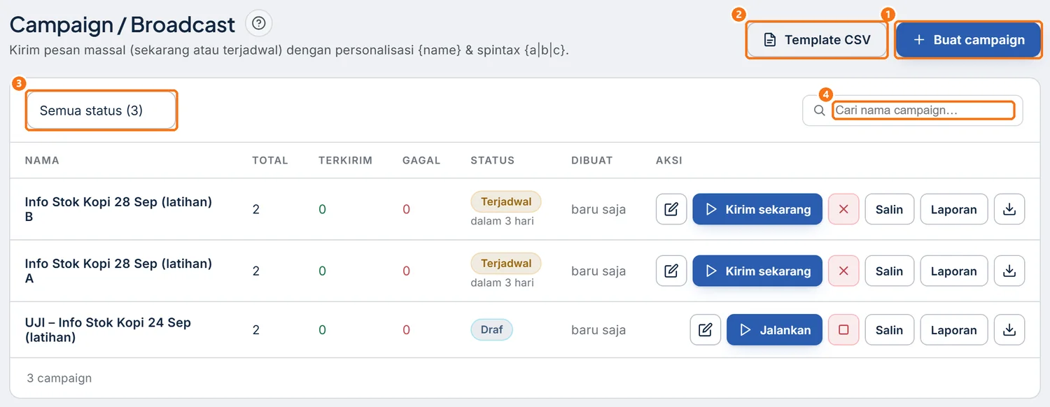 Halaman Blast & Pengumuman dengan daftar campaign, saringan status, dan kotak cari