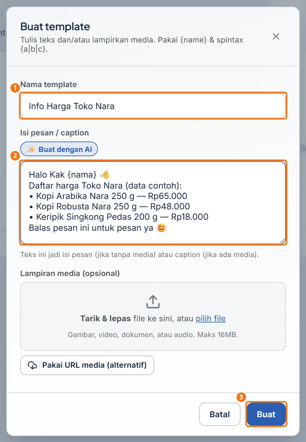 Jendela Buat template berisi template Info Harga Toko Nara, siap disimpan