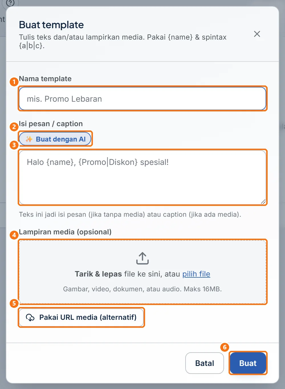 Jendela Buat template sebelum diisi, berisi kolom nama, isi pesan, dan lampiran media