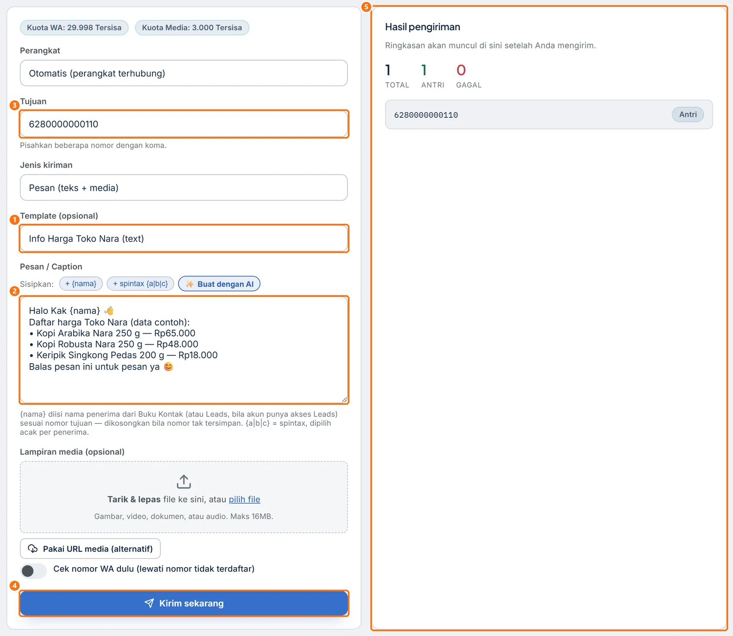 Halaman Kirim Satuan dengan template Info Harga Toko Nara dipilih