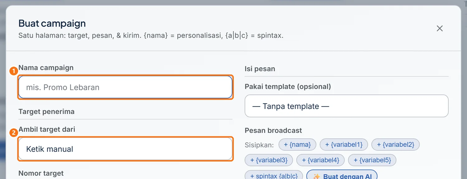 Bagian atas jendela Buat campaign dengan kolom Nama campaign dan Ambil target dari