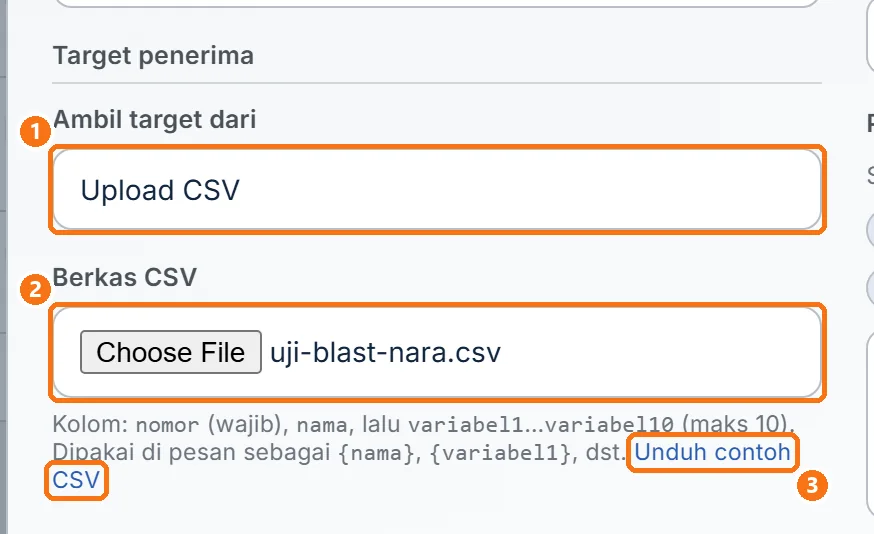 Sumber Upload CSV dengan kolom Berkas CSV dan tautan Unduh contoh CSV