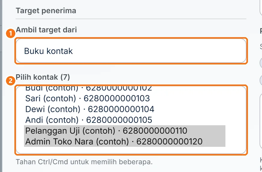 Sumber Buku kontak dengan dua kontak terpilih