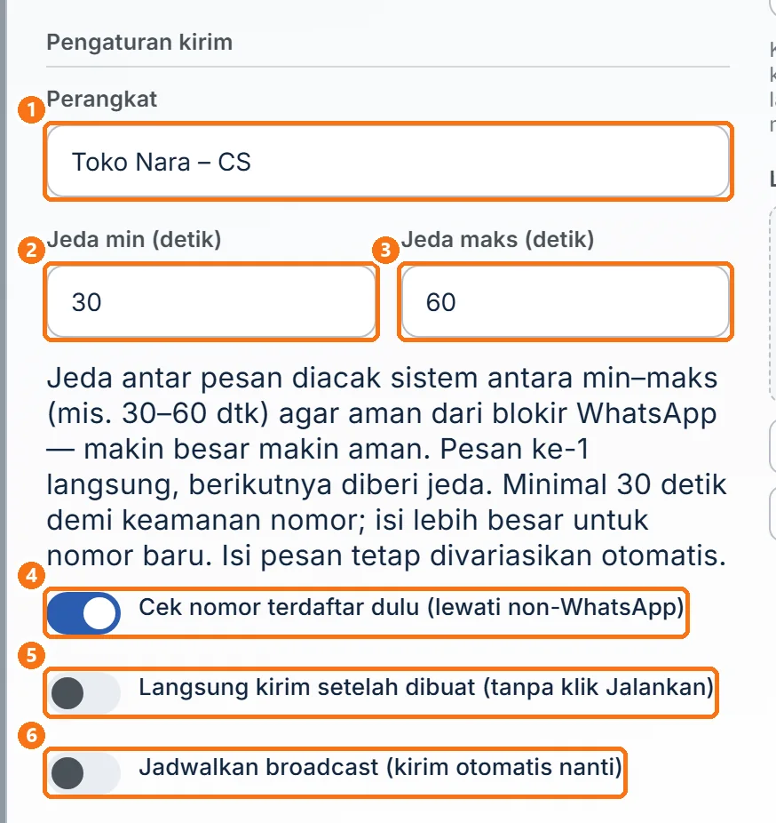 Bagian Pengaturan kirim berisi pilihan perangkat, jeda, dan tiga sakelar