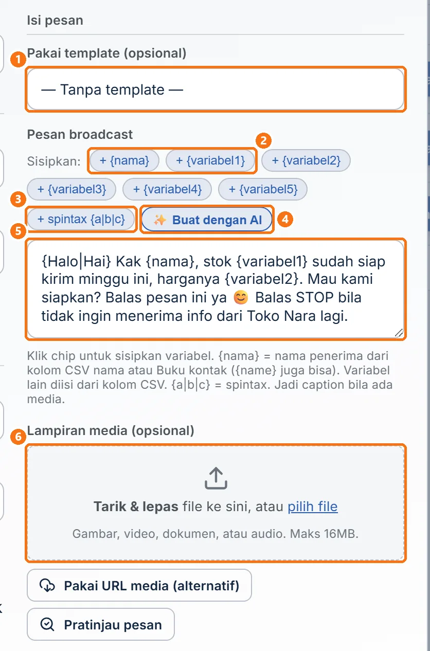 Bagian Isi pesan di sisi kanan jendela Buat campaign