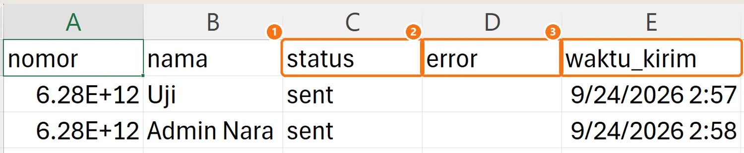 Berkas Export CSV campaign dibuka di spreadsheet, kolom status, error, dan waktu_kirim ditandai