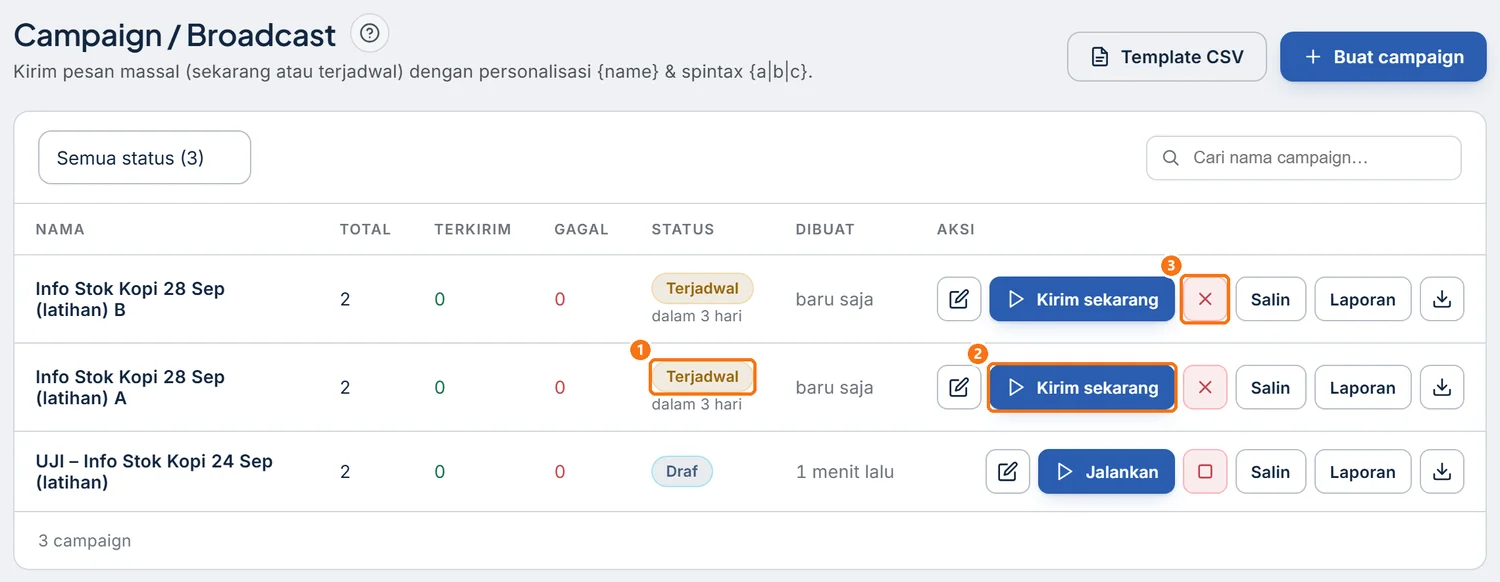 Baris campaign berstatus Terjadwal dengan tombol Kirim sekarang dan ikon Batalkan jadwal