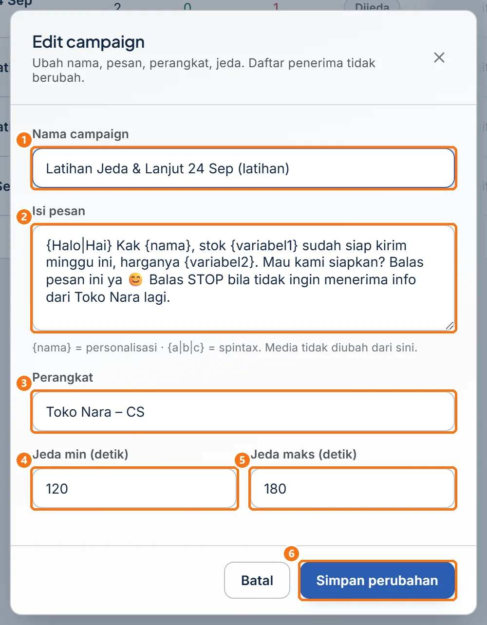 Jendela Edit campaign berisi nama, isi pesan, perangkat, dan jeda