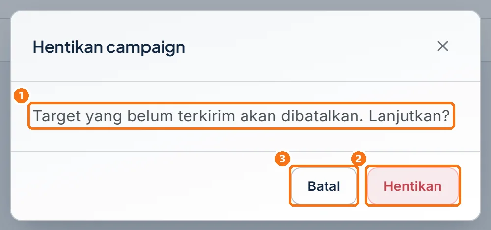 Dialog Hentikan campaign dengan tombol Hentikan dan Batal