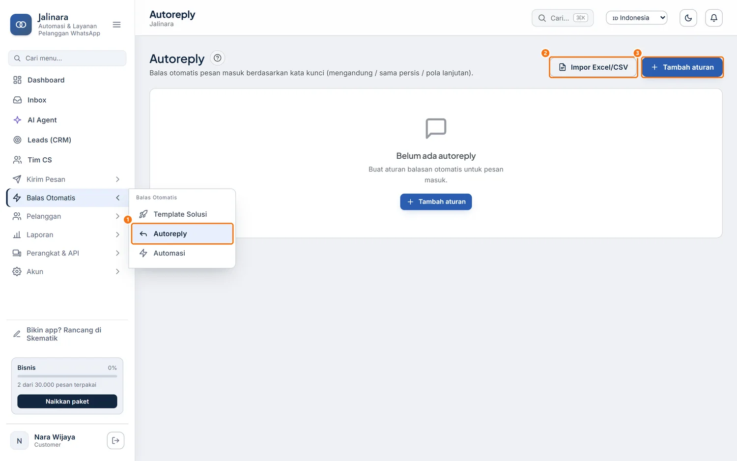 Halaman Autoreply yang masih kosong, dengan tombol Impor Excel/CSV dan Tambah aturan