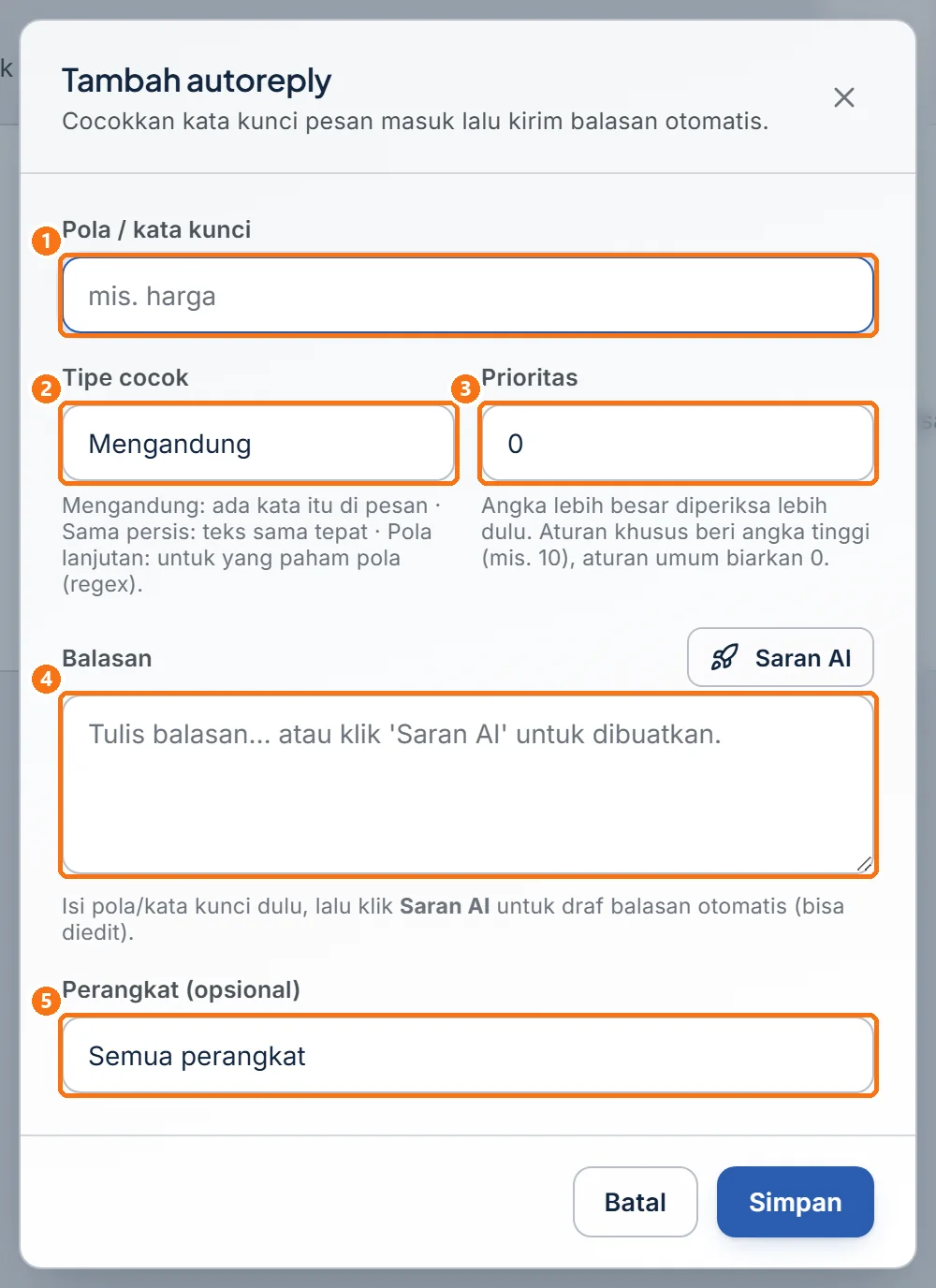 Jendela Tambah autoreply sebelum diisi, dengan kolom pola, tipe cocok, prioritas, balasan, dan perangkat