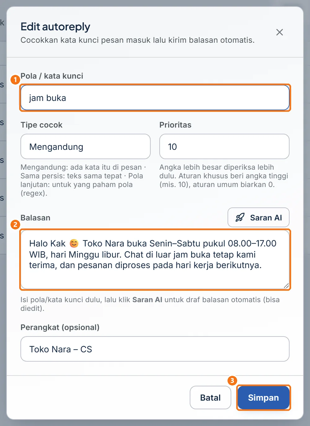 Jendela Edit autoreply berisi pengaturan aturan yang dipilih