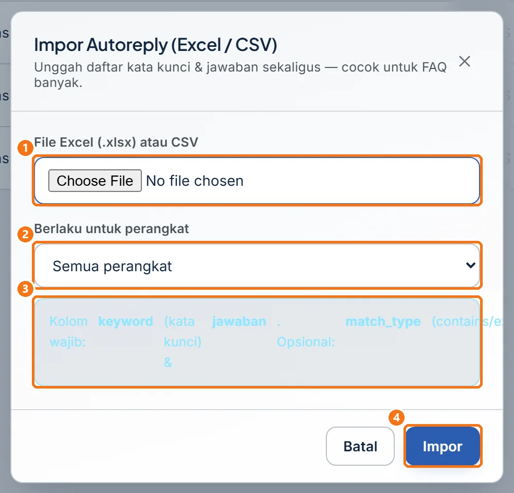 Jendela Impor Autoreply (Excel / CSV) dengan kolom file, pilihan perangkat, dan keterangan kolom