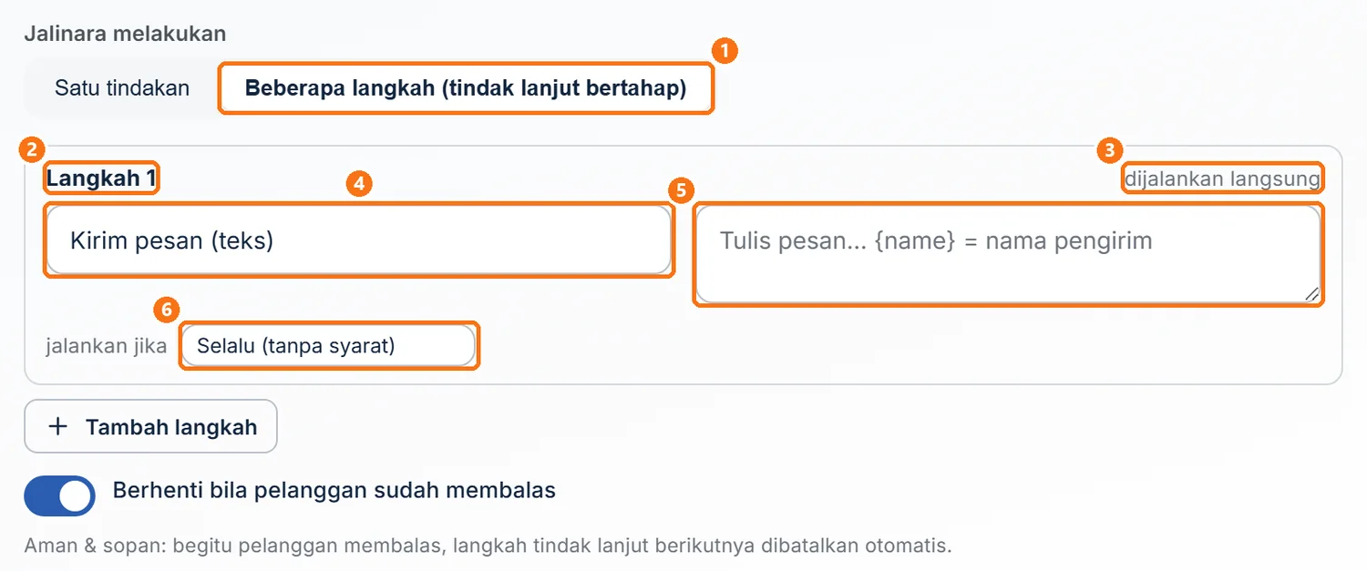 Mode Beberapa langkah dengan Langkah 1 masih berisi aksi bawaan