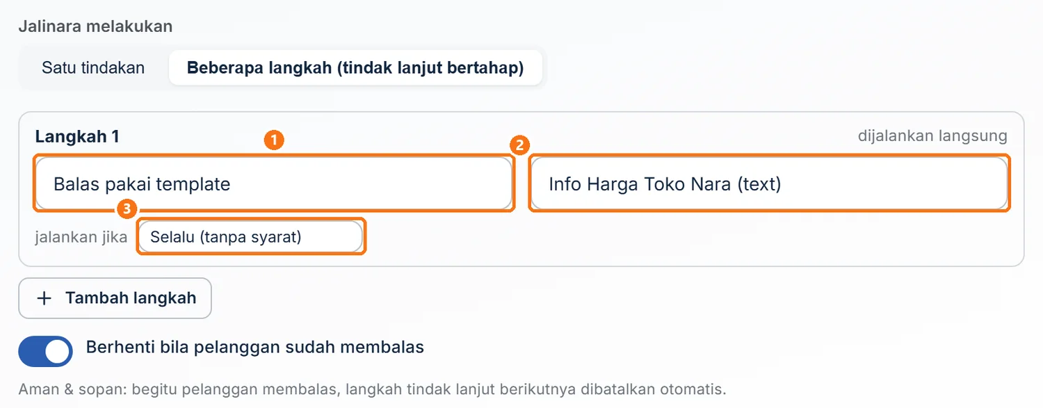Langkah 1 berisi aksi Balas pakai template dan satu template terpilih