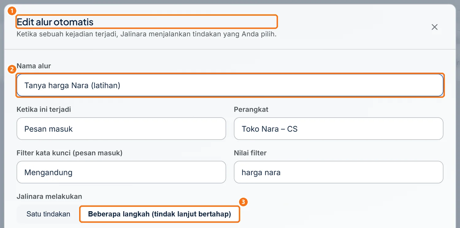 Bagian atas jendela Edit alur otomatis dengan pengaturan lama yang tetap terisi