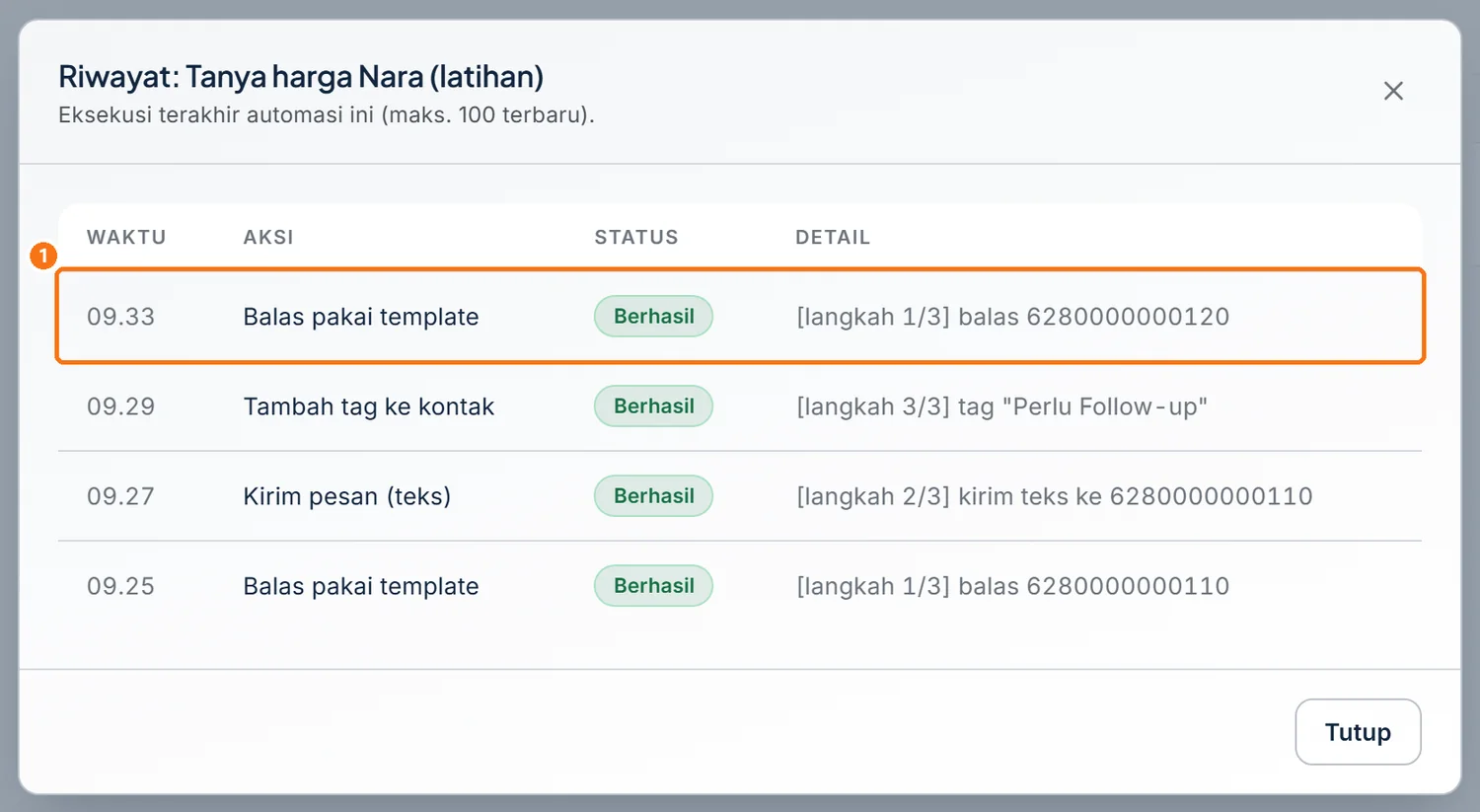 Riwayat eksekusi nomor yang membalas, hanya berisi langkah 1/3