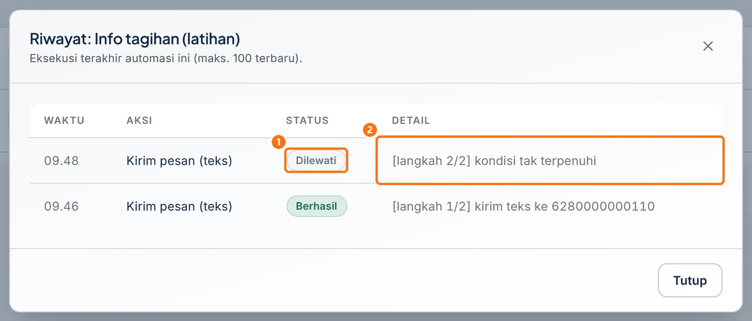 Riwayat alur info tagihan dengan Langkah 2 berstatus Dilewati karena tagihan sudah lunas