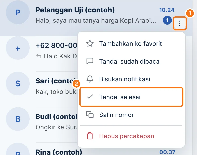 Menu chat di Inbox dengan pilihan Tandai selesai