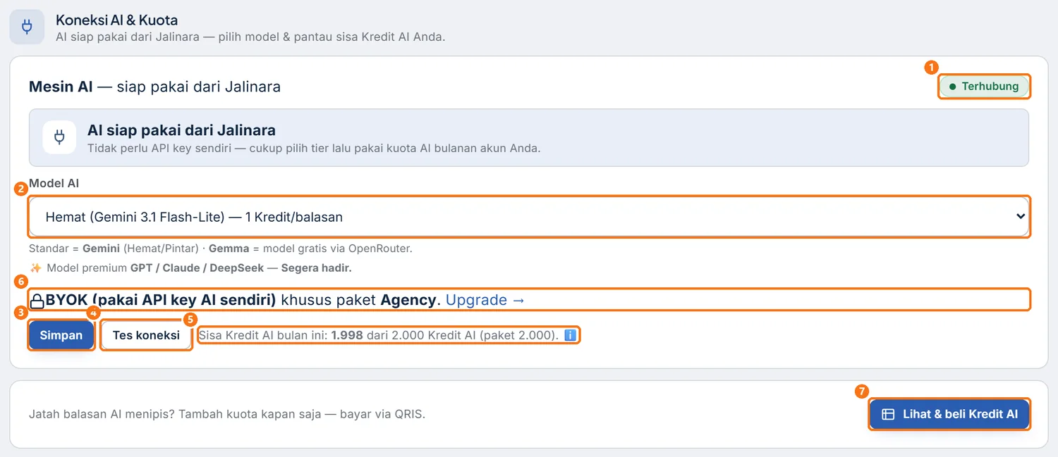 Kartu Koneksi AI & Kuota berisi sisa Kredit AI bulan ini dan tombol Lihat & beli Kredit AI
