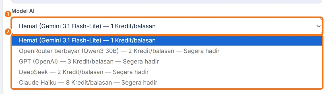 Pilihan Model AI dengan angka Kredit per balasan
