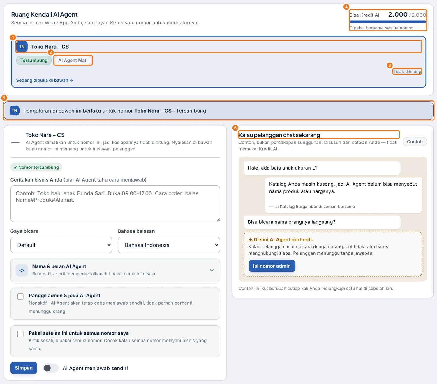 Ruang Kendali AI Agent dengan kartu nomor yang menampilkan AI Agent Mati dan Tidak dihitung