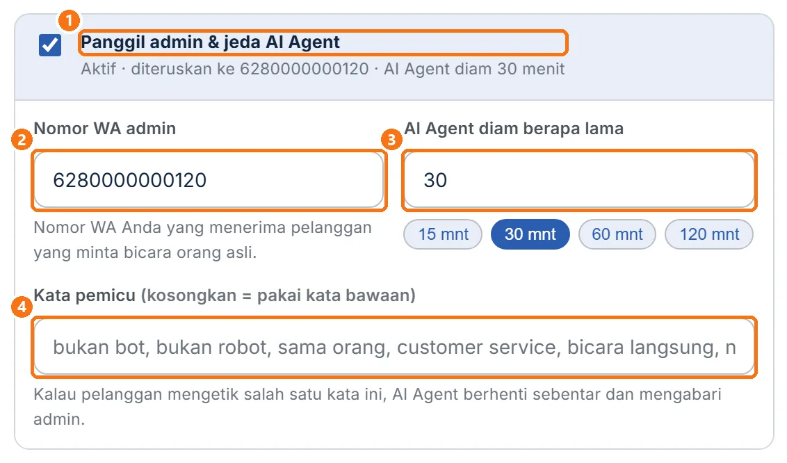 Isian Panggil admin & jeda AI Agent yang sudah terisi: Nomor WA admin, lama AI Agent diam, dan Kata pemicu