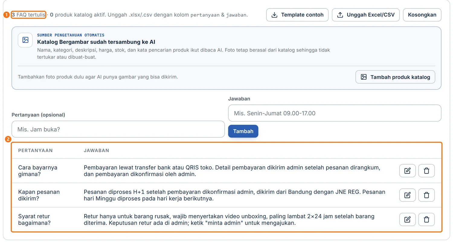 Knowledge Base setelah tiga entri tersimpan, dengan ringkasan jumlah dan daftar entri