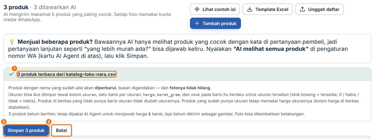 Pratinjau hasil Unggah daftar sebelum disimpan, dengan tombol Simpan dan Batal