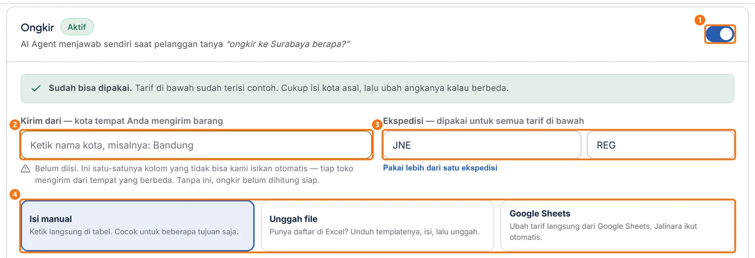 Bagian Ongkir dengan tiga pilihan sumber tarif: Isi manual, Unggah file, dan Google Sheets