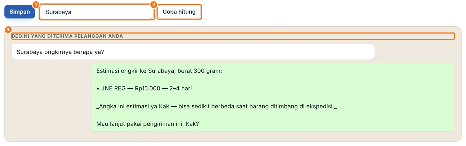 Hasil Coba hitung di halaman Ongkir