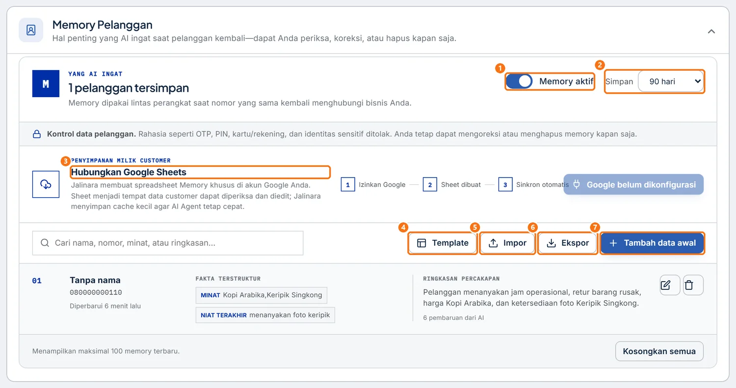 Bagian Memory Pelanggan dengan sakelar Memory aktif dan panel Hubungkan Google Sheets