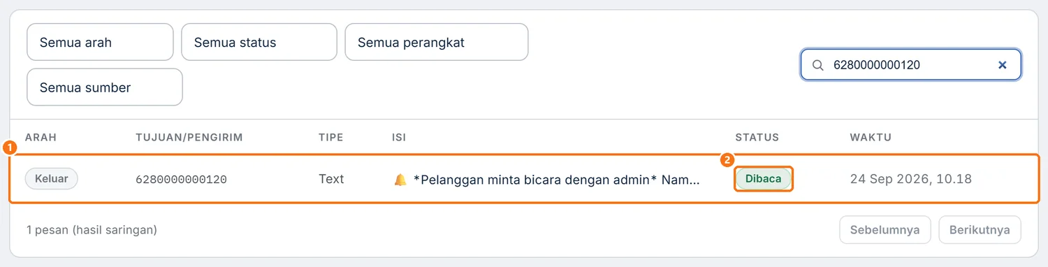 Log Pesan tersaring nomor admin menampilkan pemberitahuan pengalihan