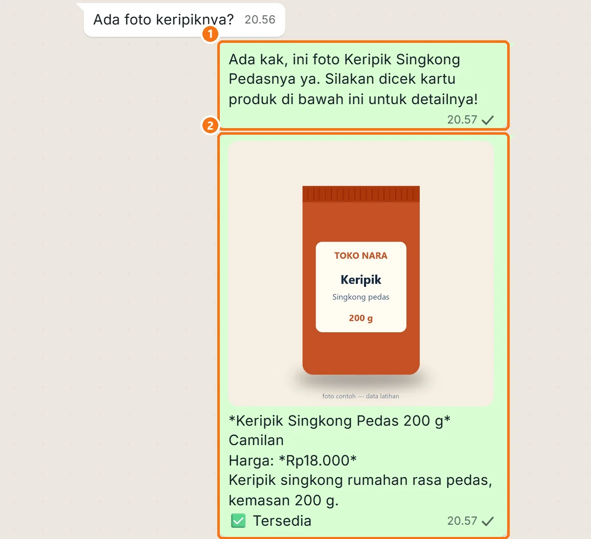 Chat di Inbox berisi jawaban AI untuk pertanyaan Ada foto keripiknya, beserta kartu foto produk
