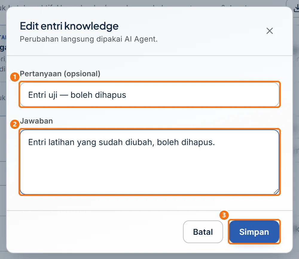 Jendela Edit entri knowledge berisi pertanyaan dan jawaban